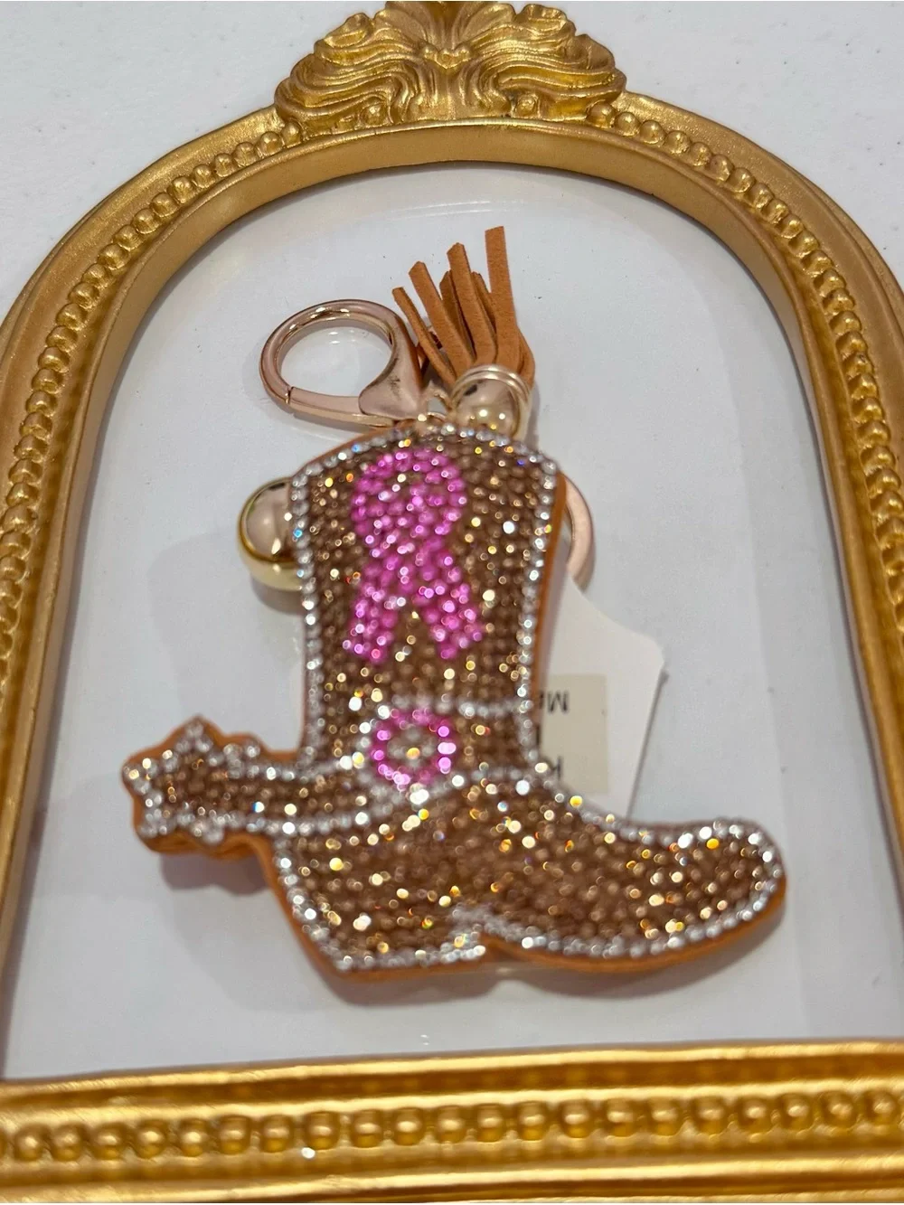 New Rhinestone Cowgirl Boot Keychain with Pink Cancer Ribbon